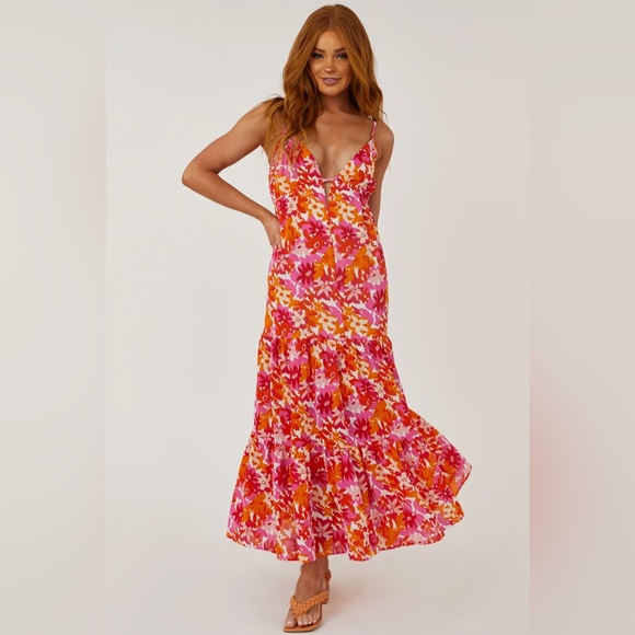 She+Sky Floral Deep V Maxi Dress S Straps Summer Sundress Tangerine & Fuchsia - Picture 4 of 16